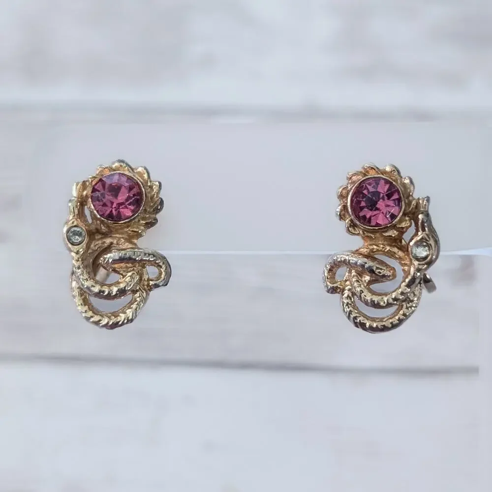 Vintage Screw On Earrings Gold Tone with Pink & Clear Gems